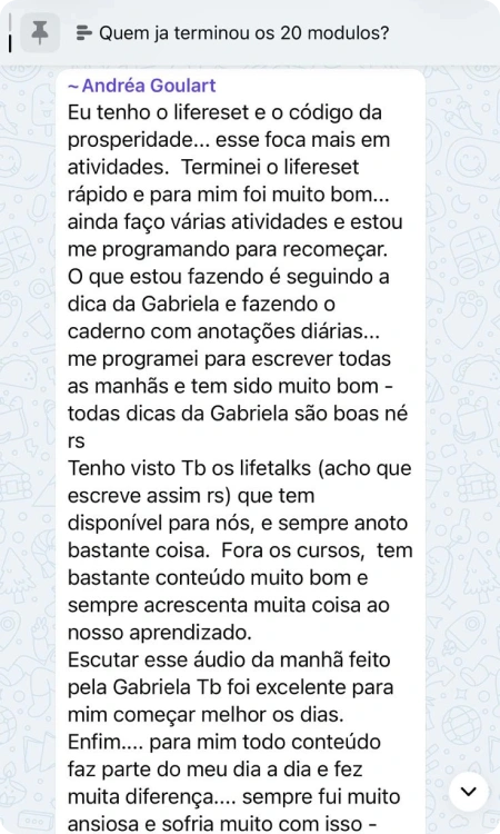 Comentário de Andréa Goulart no grupo das alunas